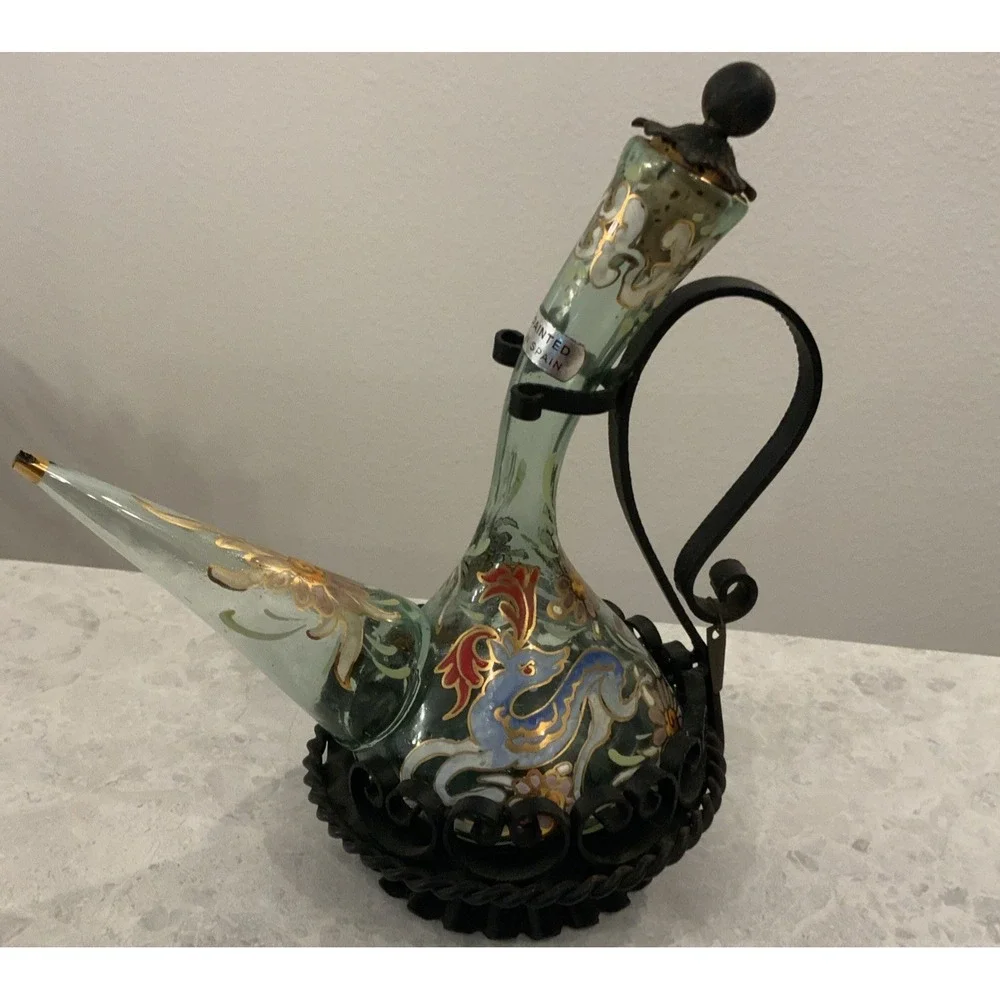 Vintage Signed Jose Cire Royo Spanish Art Glass Porron Decanter Wrought Iron Set